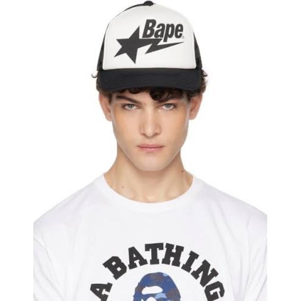 (A2) BAPE A Bathing Ape Bape Sta Trucker Hat Black White Mesh Snapback Cap